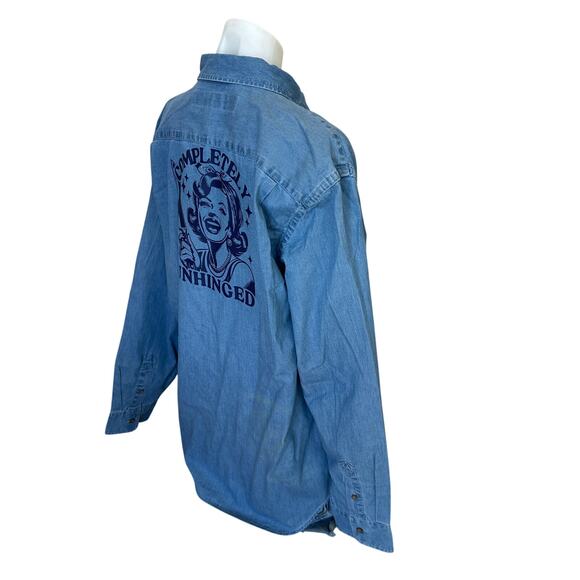 Retro Housewife Unhinged Chambray Button Down Shirt MEDIUM Oversized Unique - Picture 3 of 6